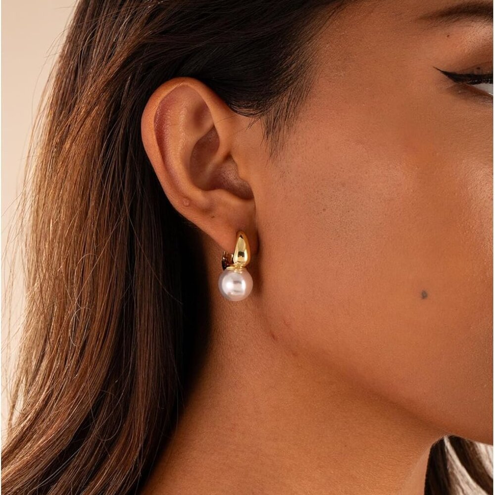 Pearl Earrings for Women, Dainty 14K Gold Plated/925 Sterling Silver Drop Qualit - Picture 2 of 9